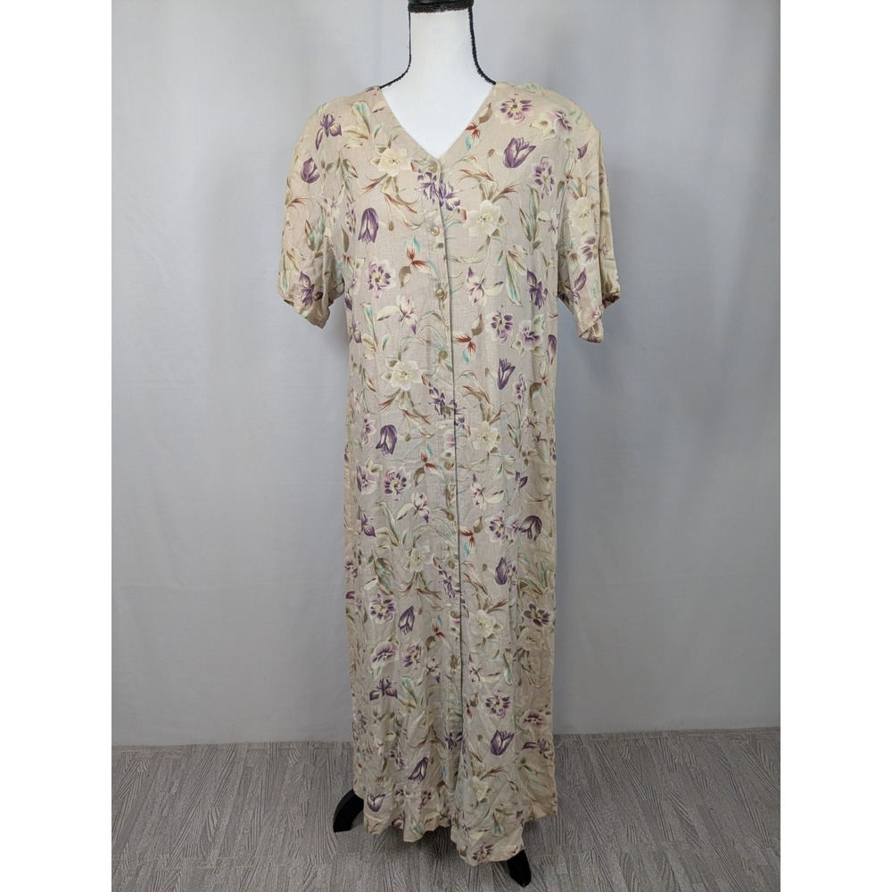 Vtg Maxi Dress Floral Full Button Boho Cottage Lagenlook Linen Women's XL A037